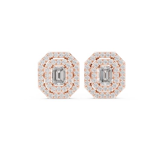 Emerald Cut Bezel Double Halo Moissanite Stud Earrings in rose 925 sterling silver, view 4