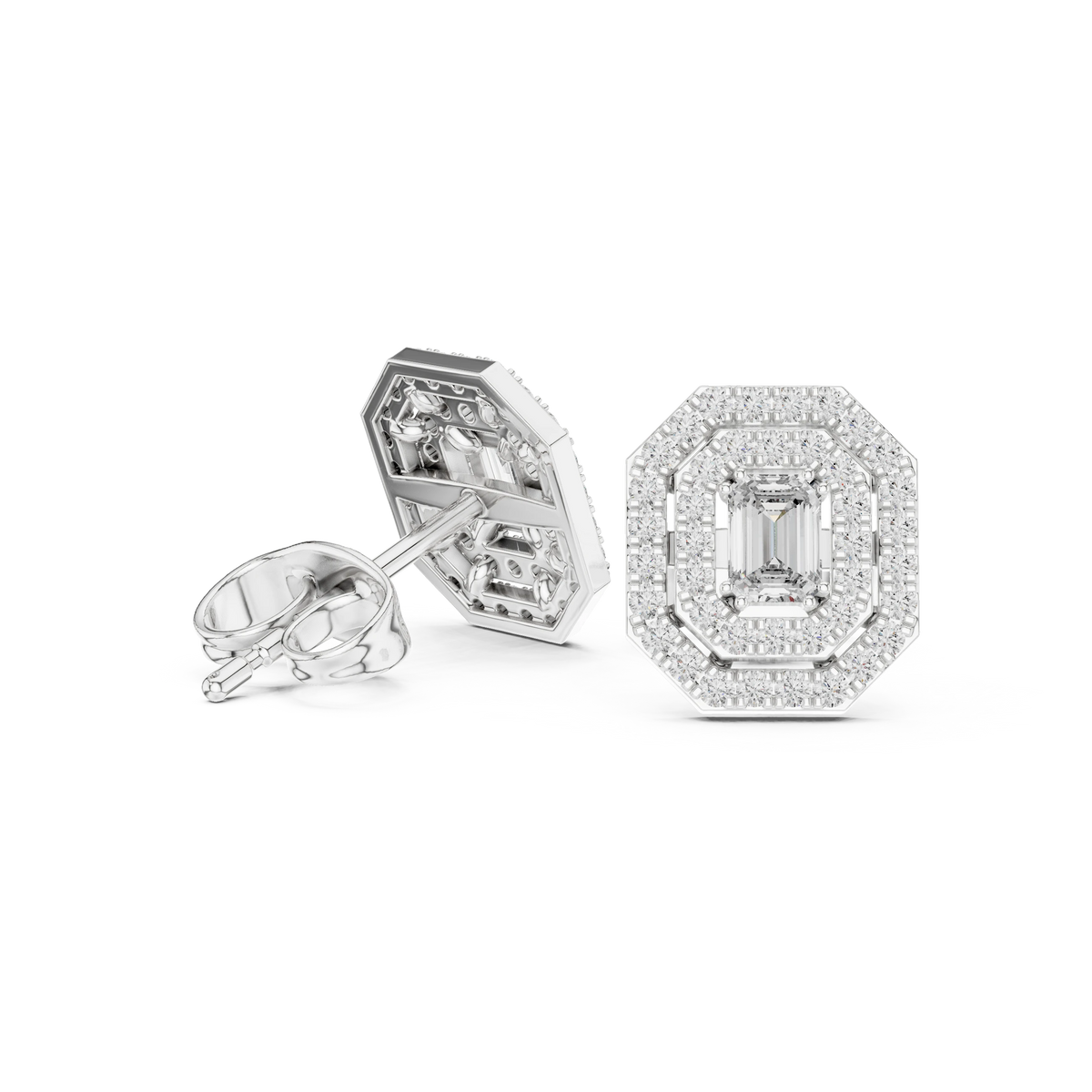 Emerald Cut Bezel Double Halo Moissanite Stud Earrings in white 925 sterling silver, view 1