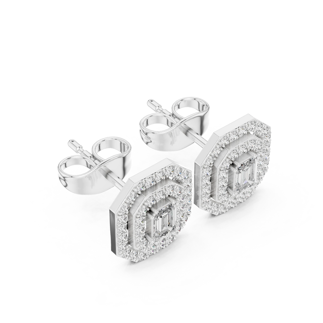Emerald Cut Bezel Double Halo Moissanite Stud Earrings in white 925 sterling silver, view 2