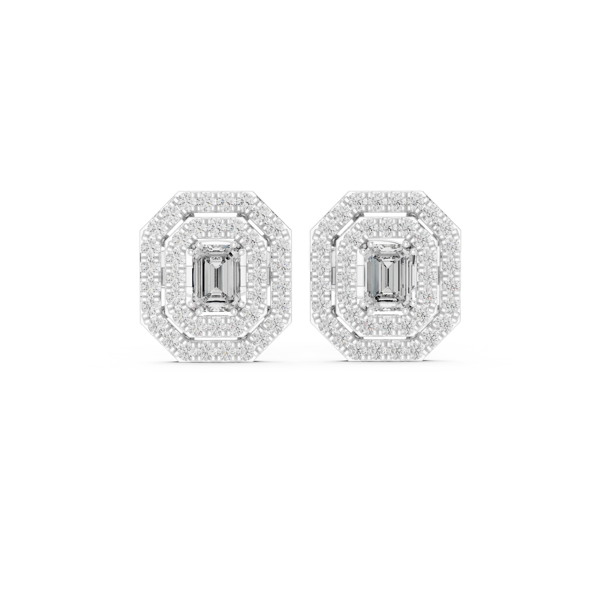 Emerald Cut Bezel Double Halo Moissanite Stud Earrings in white 925 sterling silver, view 4