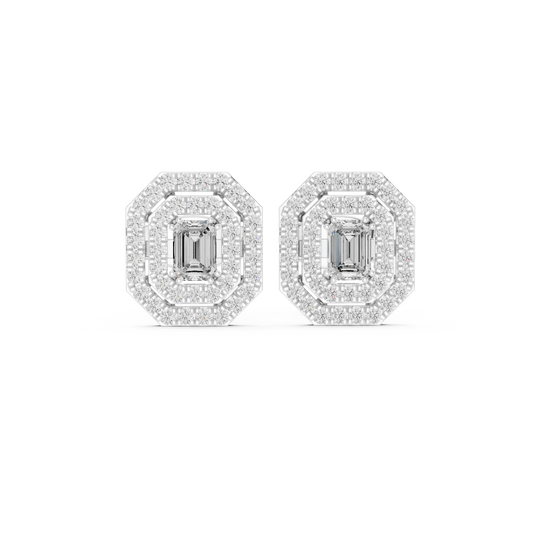 Emerald Cut Bezel Double Halo Moissanite Stud Earrings in white 925 sterling silver, view 4