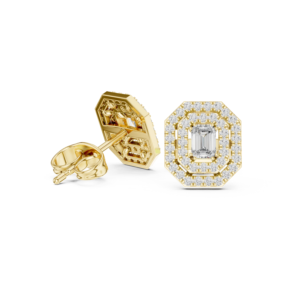 Emerald Cut Bezel Double Halo Moissanite Stud Earrings in yellow 925 sterling silver, view 1