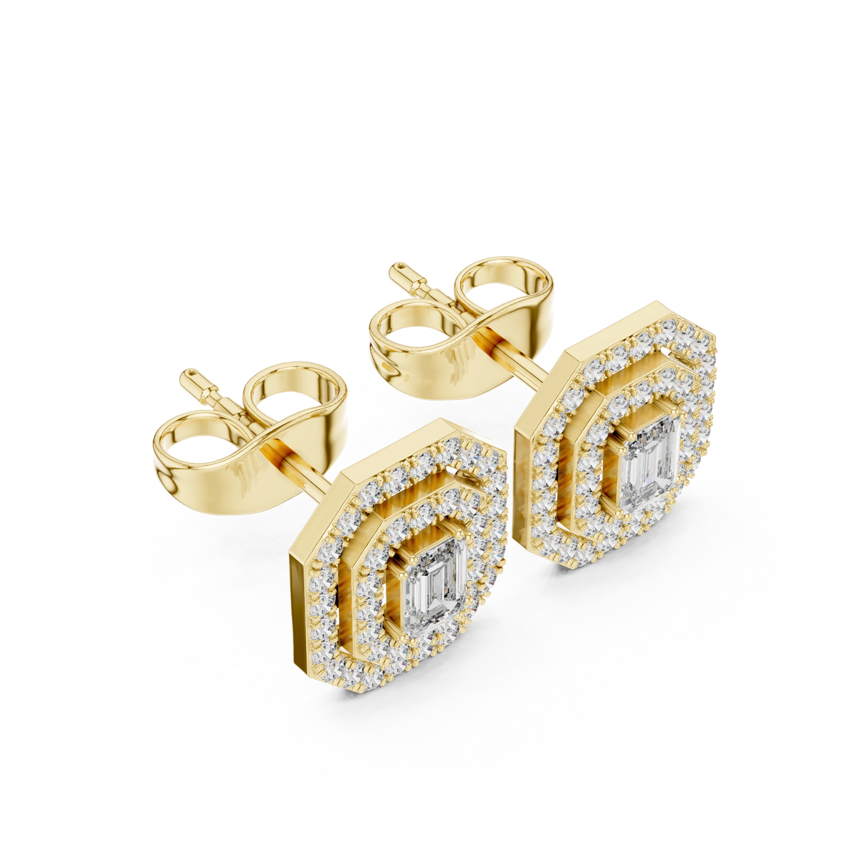 Emerald Cut Bezel Double Halo Moissanite Stud Earrings in yellow 925 sterling silver, view 2