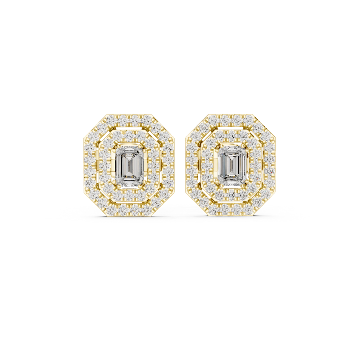 Emerald Cut Bezel Double Halo Moissanite Stud Earrings in yellow 925 sterling silver, view 4