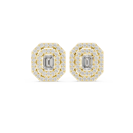 Emerald Cut Bezel Double Halo Moissanite Stud Earrings in yellow 925 sterling silver, view 4