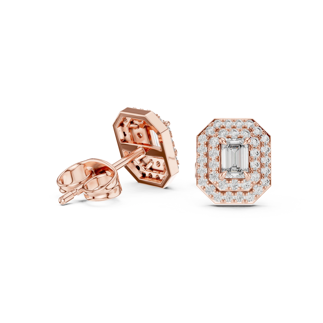 Emerald Cut Four Prong Double Halo Moissanite Stud Earrings in rose 925 sterling silver, view 1