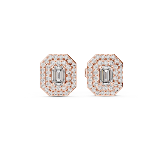 Emerald Cut Four Prong Double Halo Moissanite Stud Earrings in rose 925 sterling silver, view 4