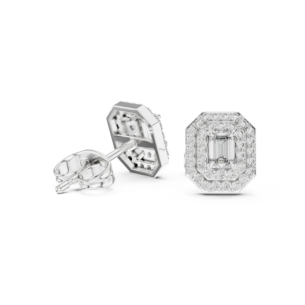 Emerald Cut Four Prong Double Halo Moissanite Stud Earrings in white 925 sterling silver, view 1