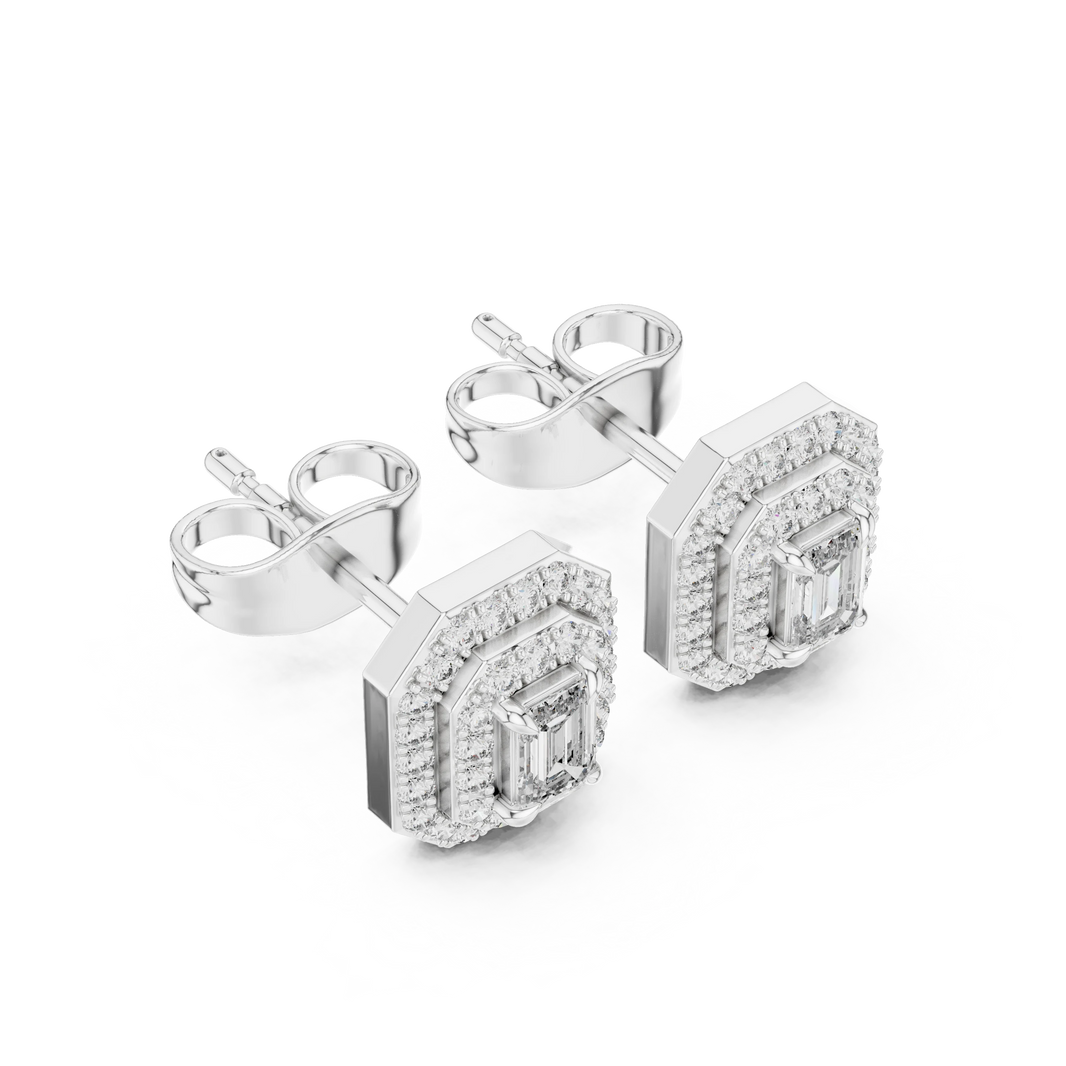 Emerald Cut Four Prong Double Halo Moissanite Stud Earrings in white 925 sterling silver, view 2