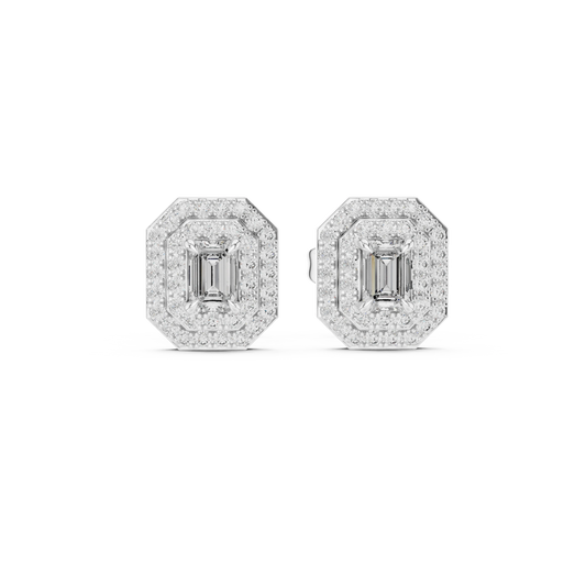 Emerald Cut Four Prong Double Halo Moissanite Stud Earrings in white 925 sterling silver, view 4