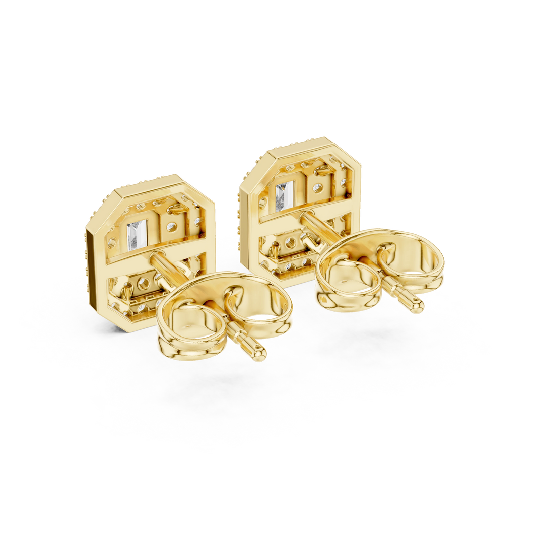 Emerald Cut Four Prong Double Halo Moissanite Stud Earrings in yellow 925 sterling silver, view 3