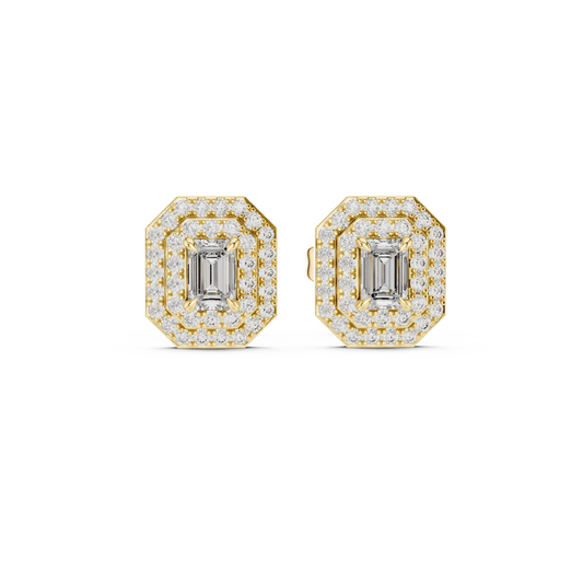 Emerald Cut Four Prong Double Halo Moissanite Stud Earrings in yellow 925 sterling silver, view 4