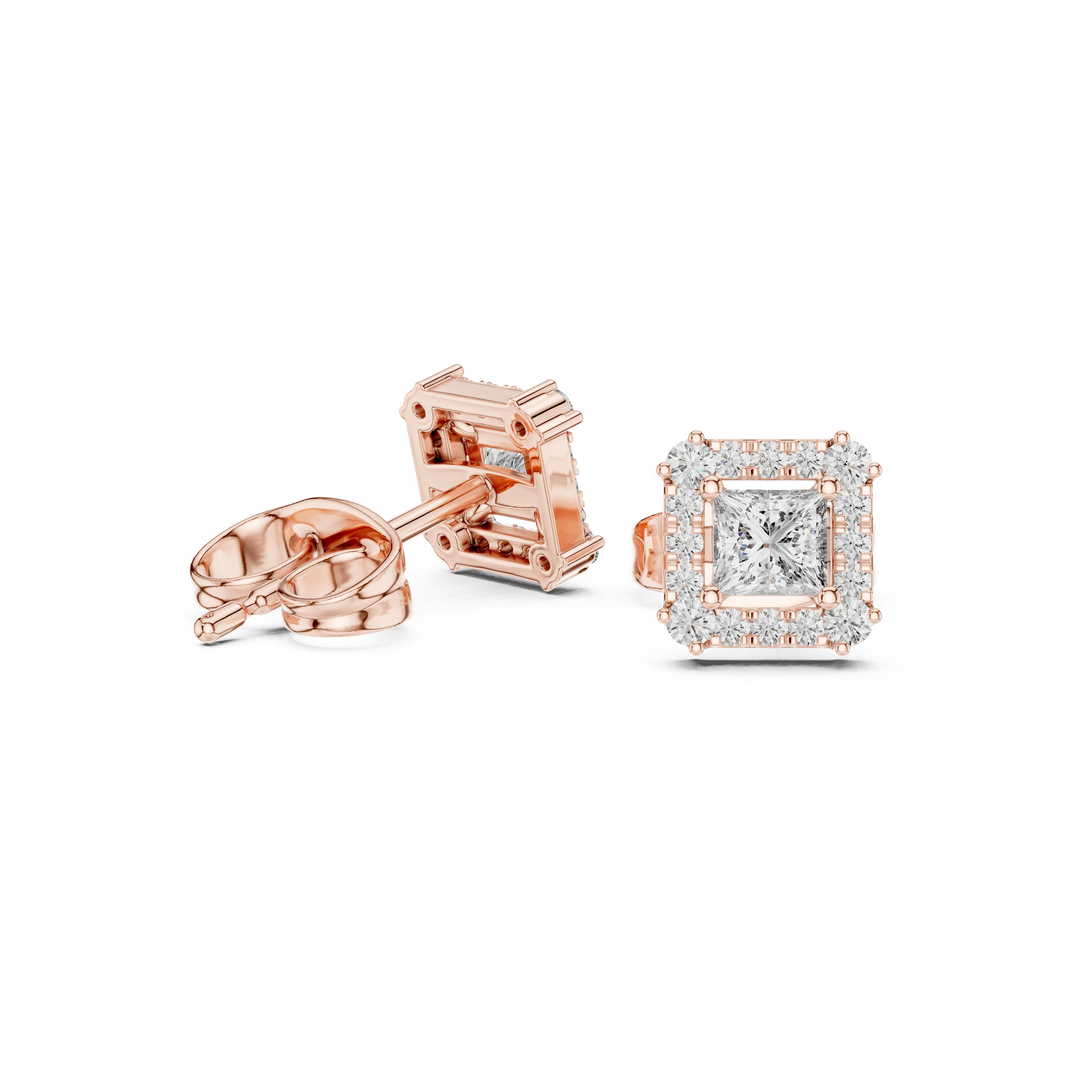 Princess Cut Corner Accent Halo Moissanite Stud Earrings in rose 925 sterling silver, view 1