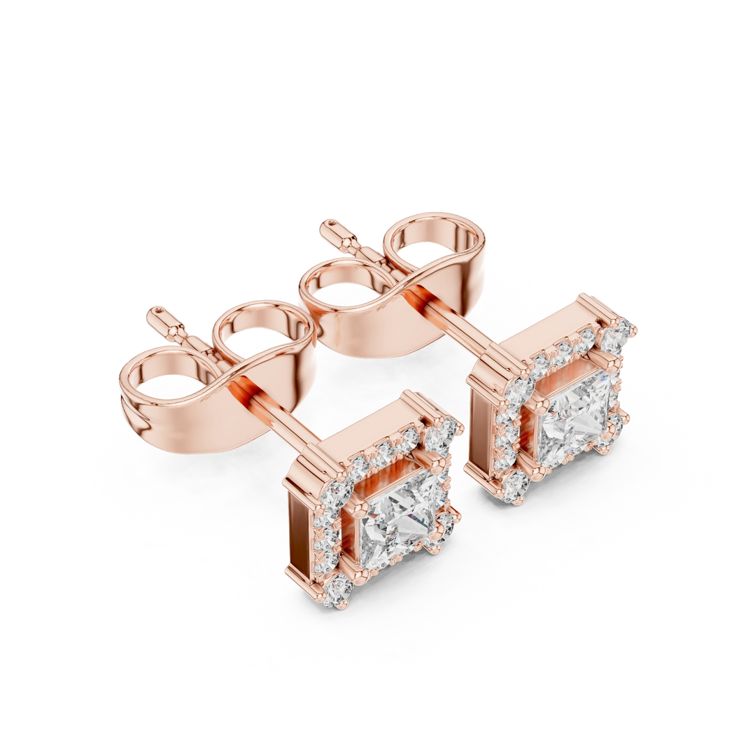 Princess Cut Corner Accent Halo Moissanite Stud Earrings in rose 925 sterling silver, view 2