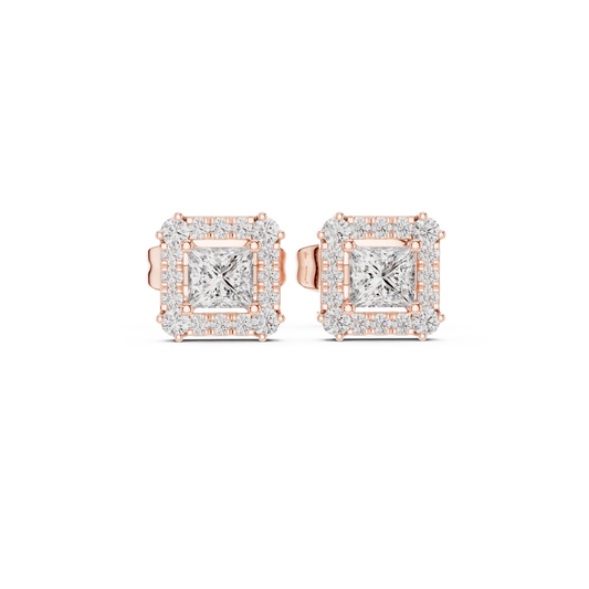 Princess Cut Corner Accent Halo Moissanite Stud Earrings in rose 925 sterling silver, view 4