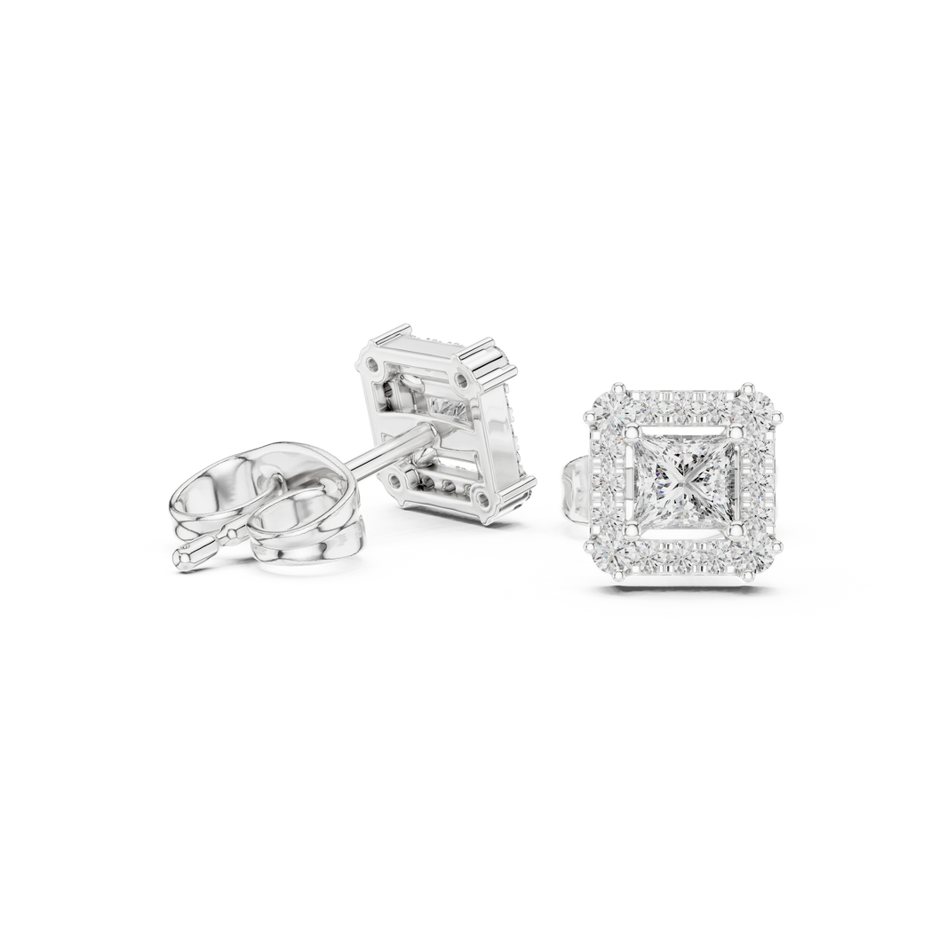 Princess Cut Corner Accent Halo Moissanite Stud Earrings in white 925 sterling silver, view 1