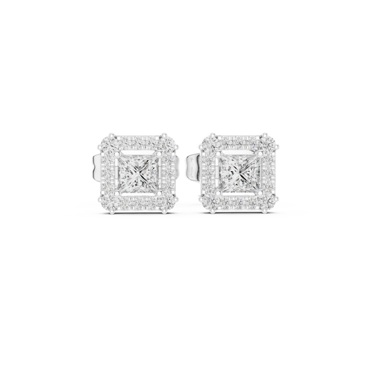 Princess Cut Corner Accent Halo Moissanite Stud Earrings in white 925 sterling silver, view 4