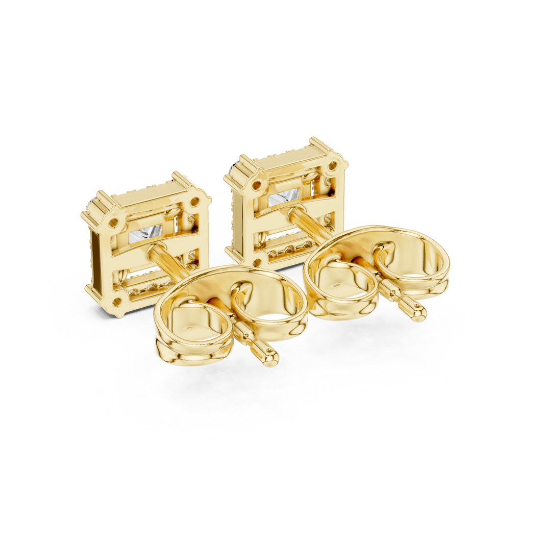 Princess Cut Corner Accent Halo Moissanite Stud Earrings in yellow 925 sterling silver, view 3