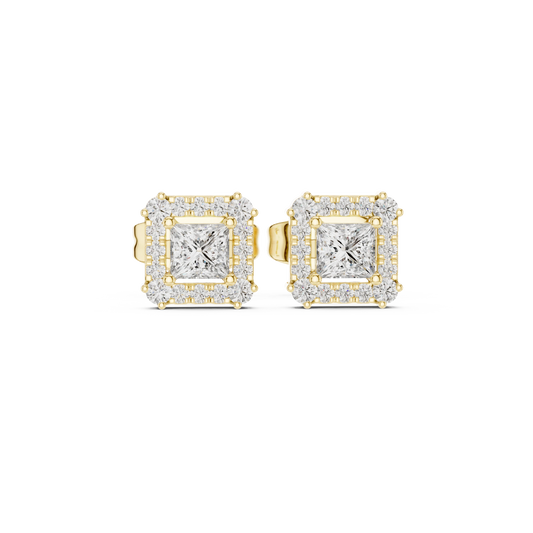 Princess Cut Corner Accent Halo Moissanite Stud Earrings in yellow 925 sterling silver, view 4