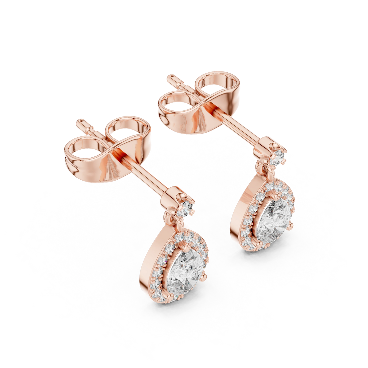 Pear Halo Moissanite Drop Earrings with Round Stud Top in rose 925 sterling silver, view 2