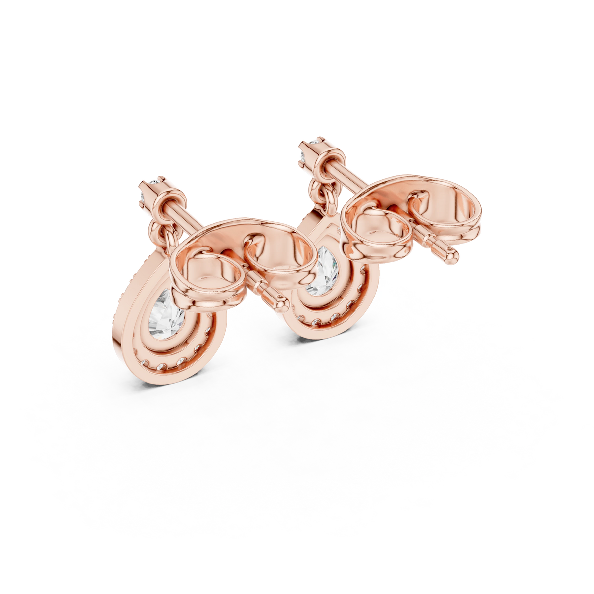 Pear Halo Moissanite Drop Earrings with Round Stud Top in rose 925 sterling silver, view 3
