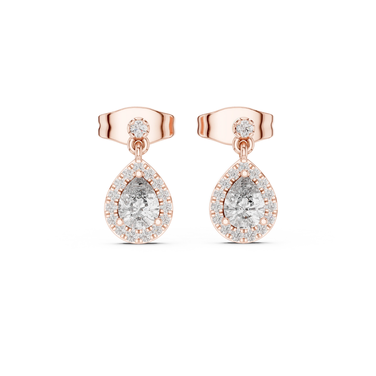 Pear Halo Moissanite Drop Earrings with Round Stud Top in rose 925 sterling silver, view 4