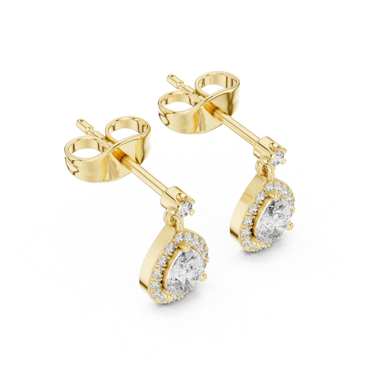 Pear Halo Moissanite Drop Earrings with Round Stud Top in yellow 925 sterling silver, view 2