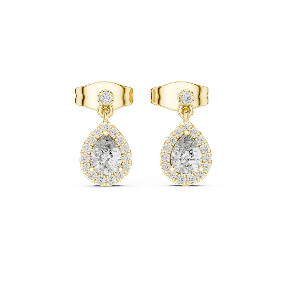 Pear Halo Moissanite Drop Earrings with Round Stud Top in yellow 925 sterling silver, view 4