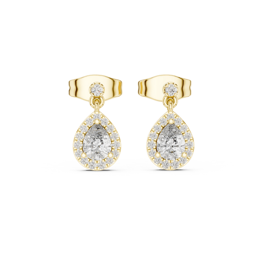 Pear Halo Moissanite Drop Earrings with Round Stud Top in yellow 925 sterling silver, view 4