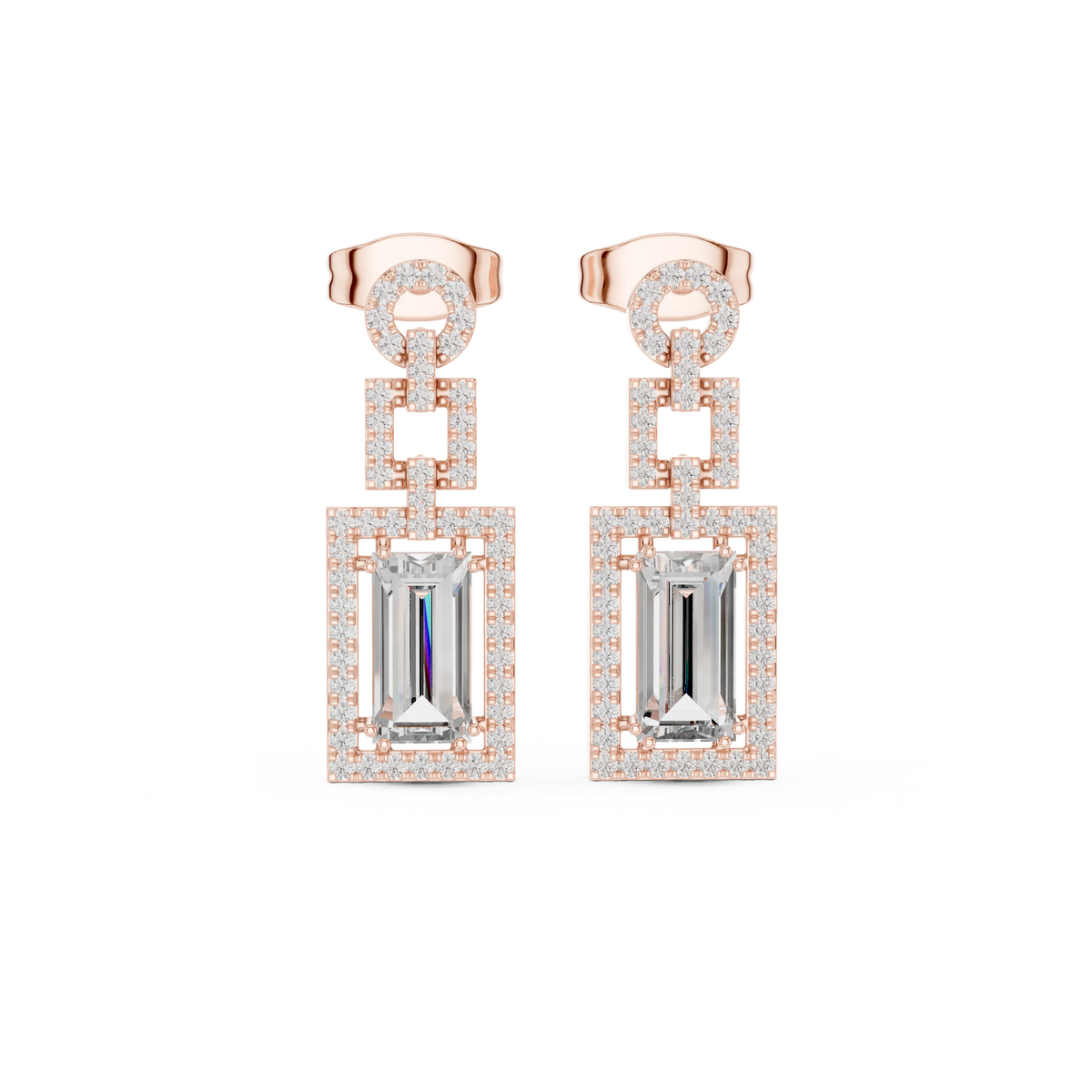 Art Deco Baguette Halo Moissanite Drop Earrings in rose 925 sterling silver, view 4