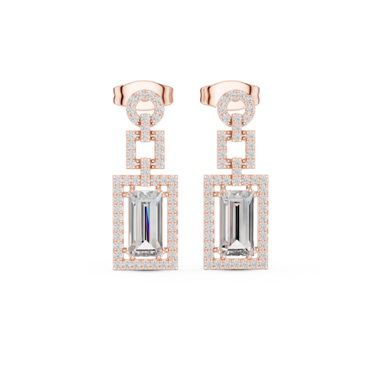 Art Deco Baguette Halo Moissanite Drop Earrings in rose 925 sterling silver, view 4