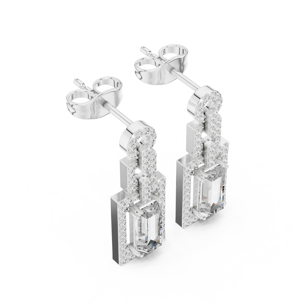Art Deco Baguette Halo Moissanite Drop Earrings in white 925 sterling silver, view 2