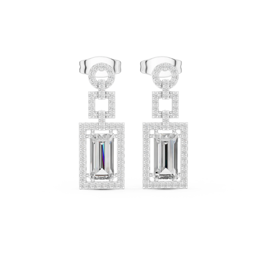 Art Deco Baguette Halo Moissanite Drop Earrings in white 925 sterling silver, view 4