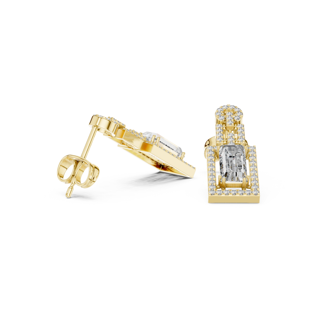 Art Deco Baguette Halo Moissanite Drop Earrings in yellow 925 sterling silver, view 1