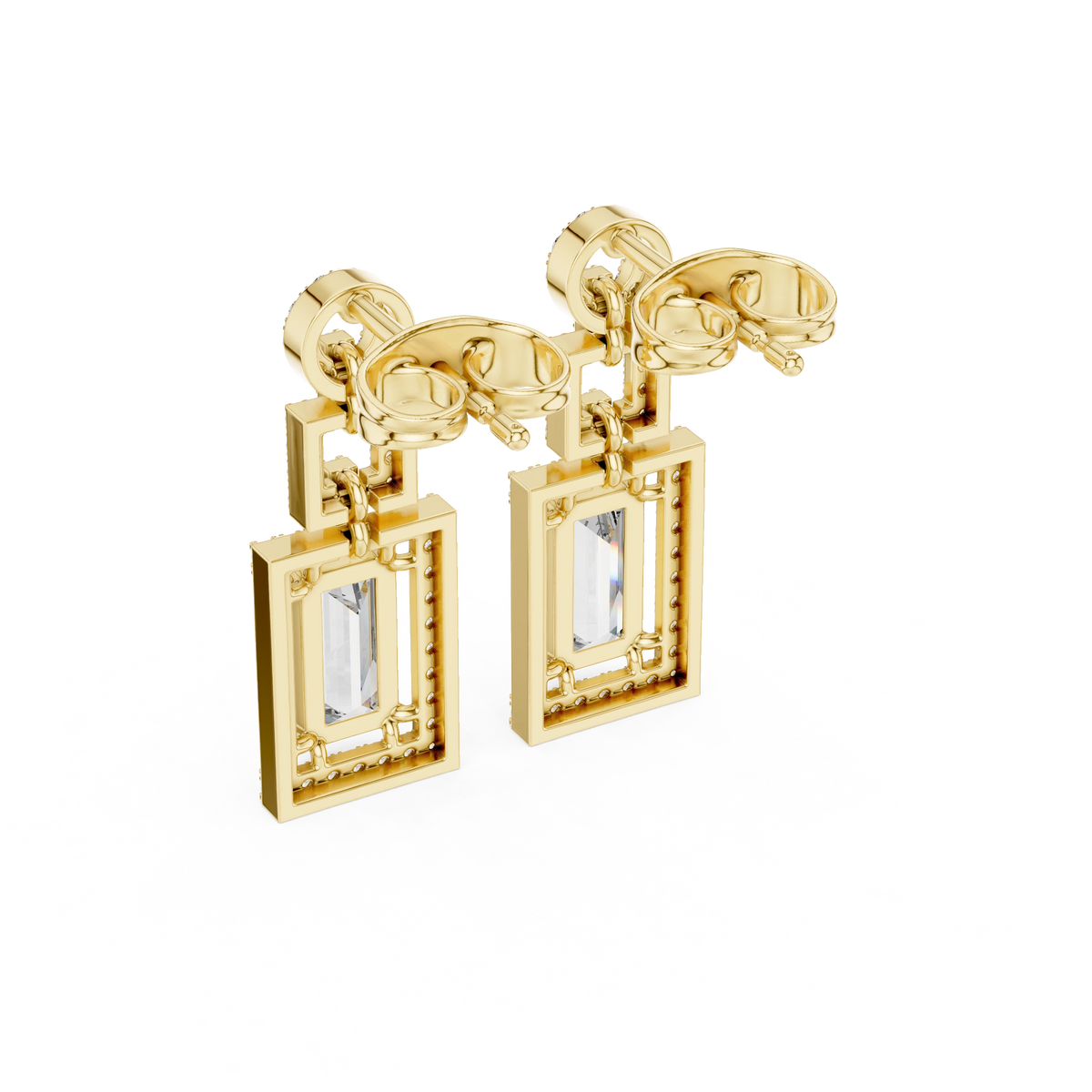 Art Deco Baguette Halo Moissanite Drop Earrings in yellow 925 sterling silver, view 3
