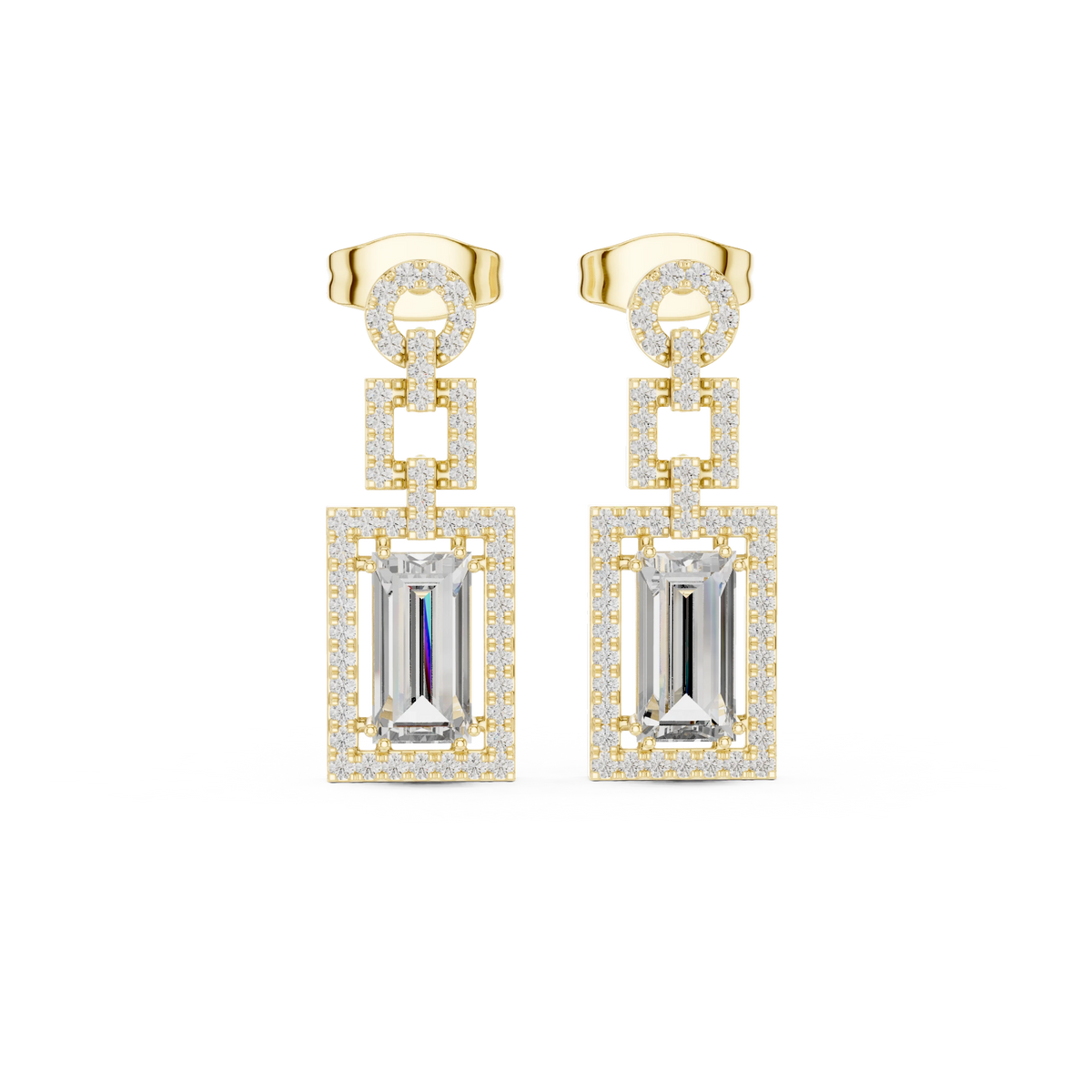 Art Deco Baguette Halo Moissanite Drop Earrings in yellow 925 sterling silver, view 4