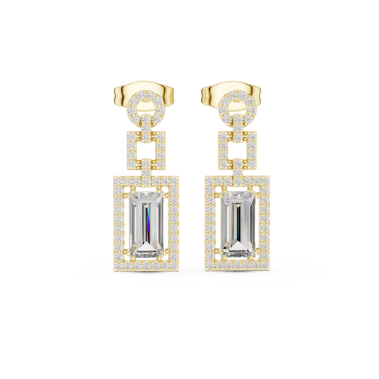 Art Deco Baguette Halo Moissanite Drop Earrings in yellow 925 sterling silver, view 4