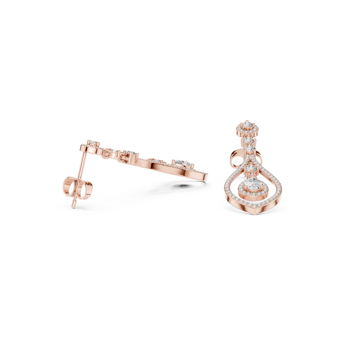 Open Teardrop Pear Halo Moissanite Chandelier Earrings in rose 925 sterling silver, view 1