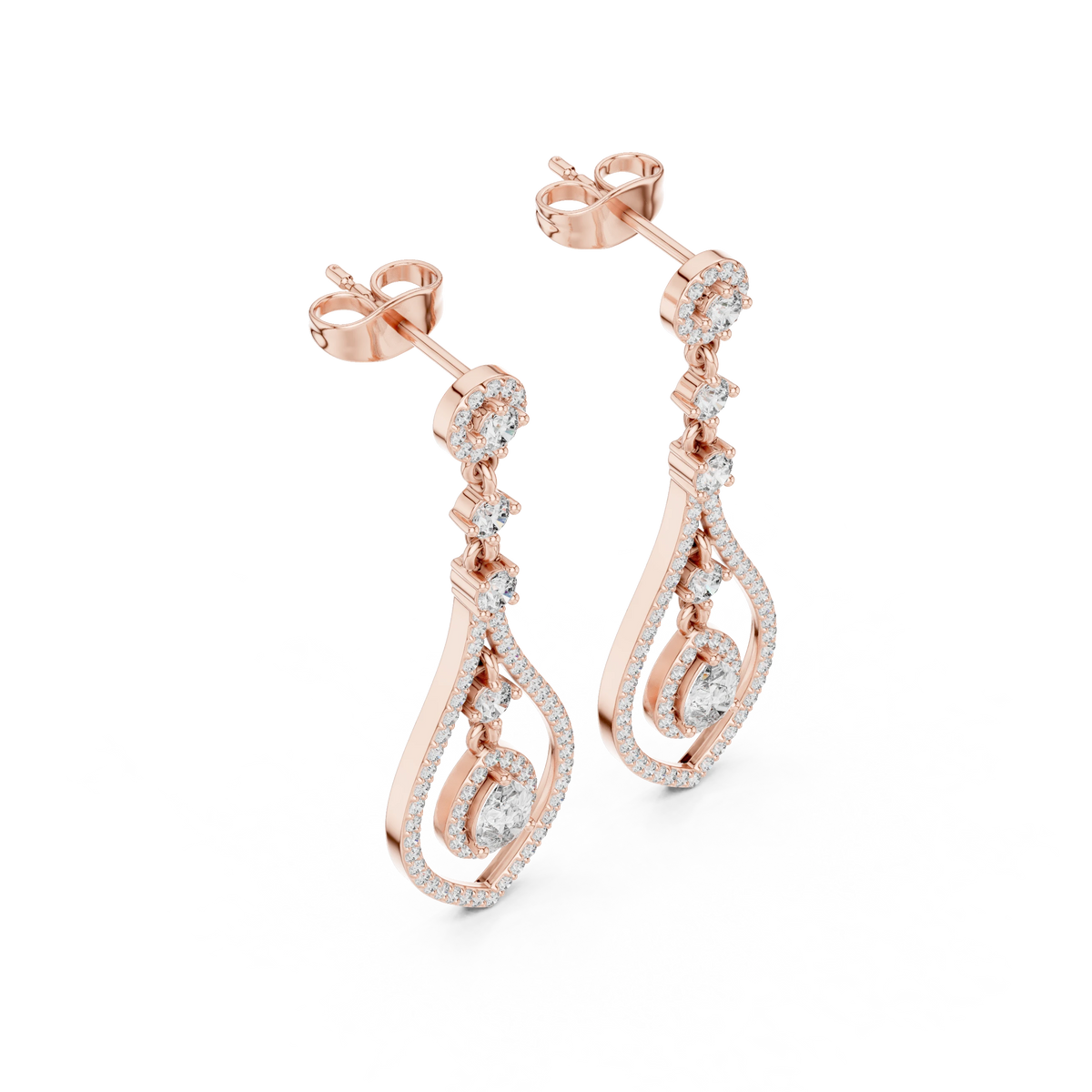 Open Teardrop Pear Halo Moissanite Chandelier Earrings in rose 925 sterling silver, view 2