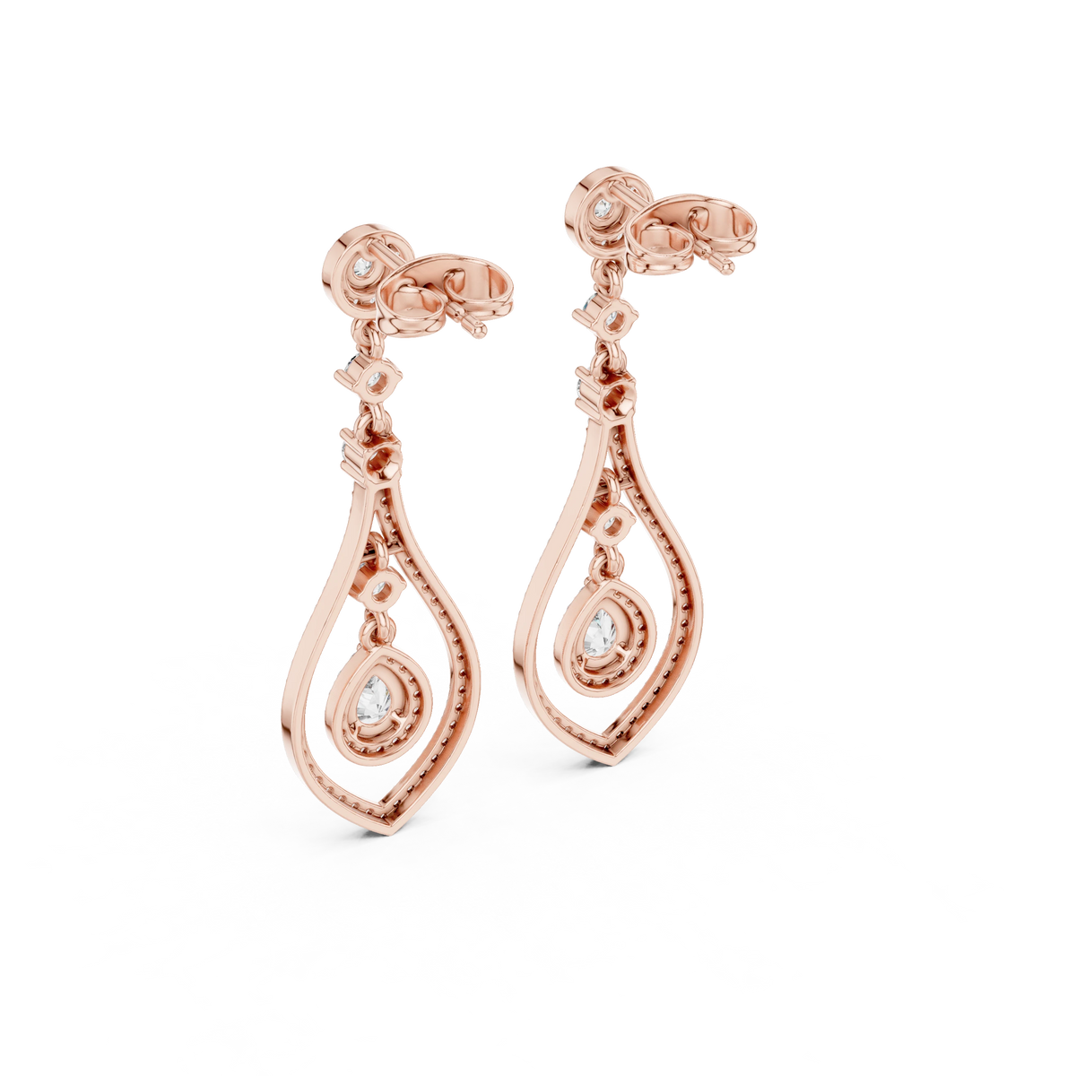 Open Teardrop Pear Halo Moissanite Chandelier Earrings in rose 925 sterling silver, view 3