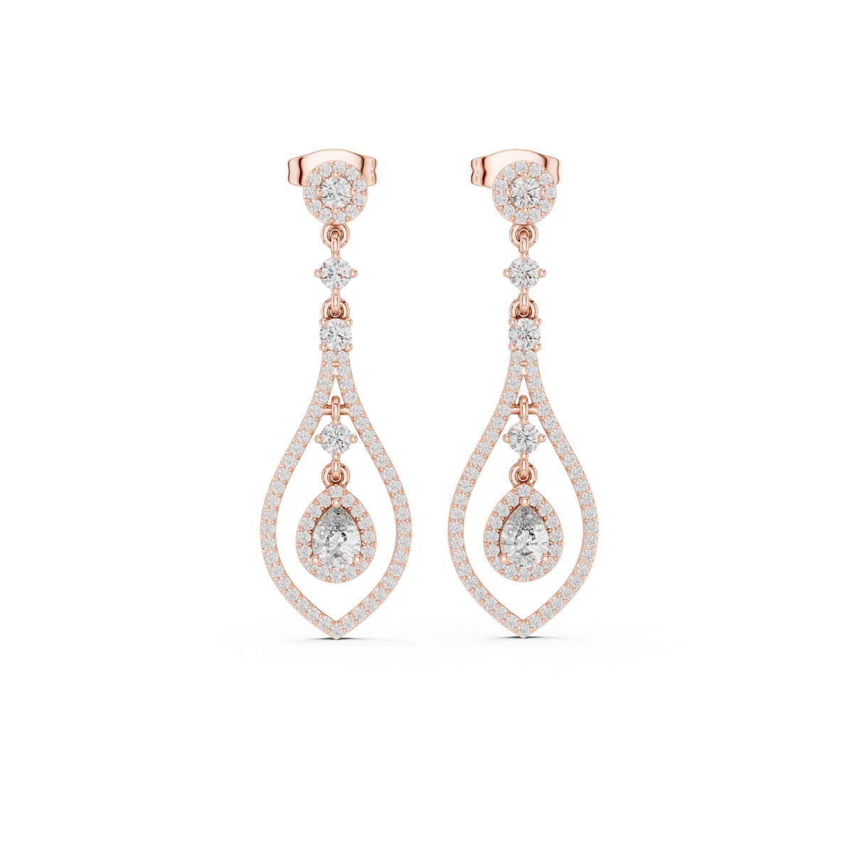 Open Teardrop Pear Halo Moissanite Chandelier Earrings in rose 925 sterling silver, view 4