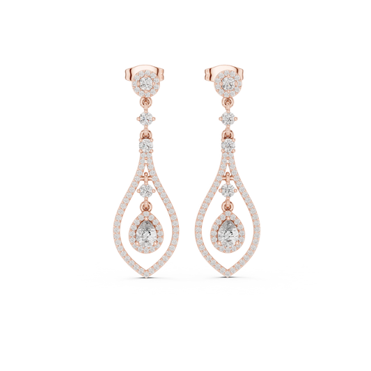 Open Teardrop Pear Halo Moissanite Chandelier Earrings in rose 925 sterling silver, view 4