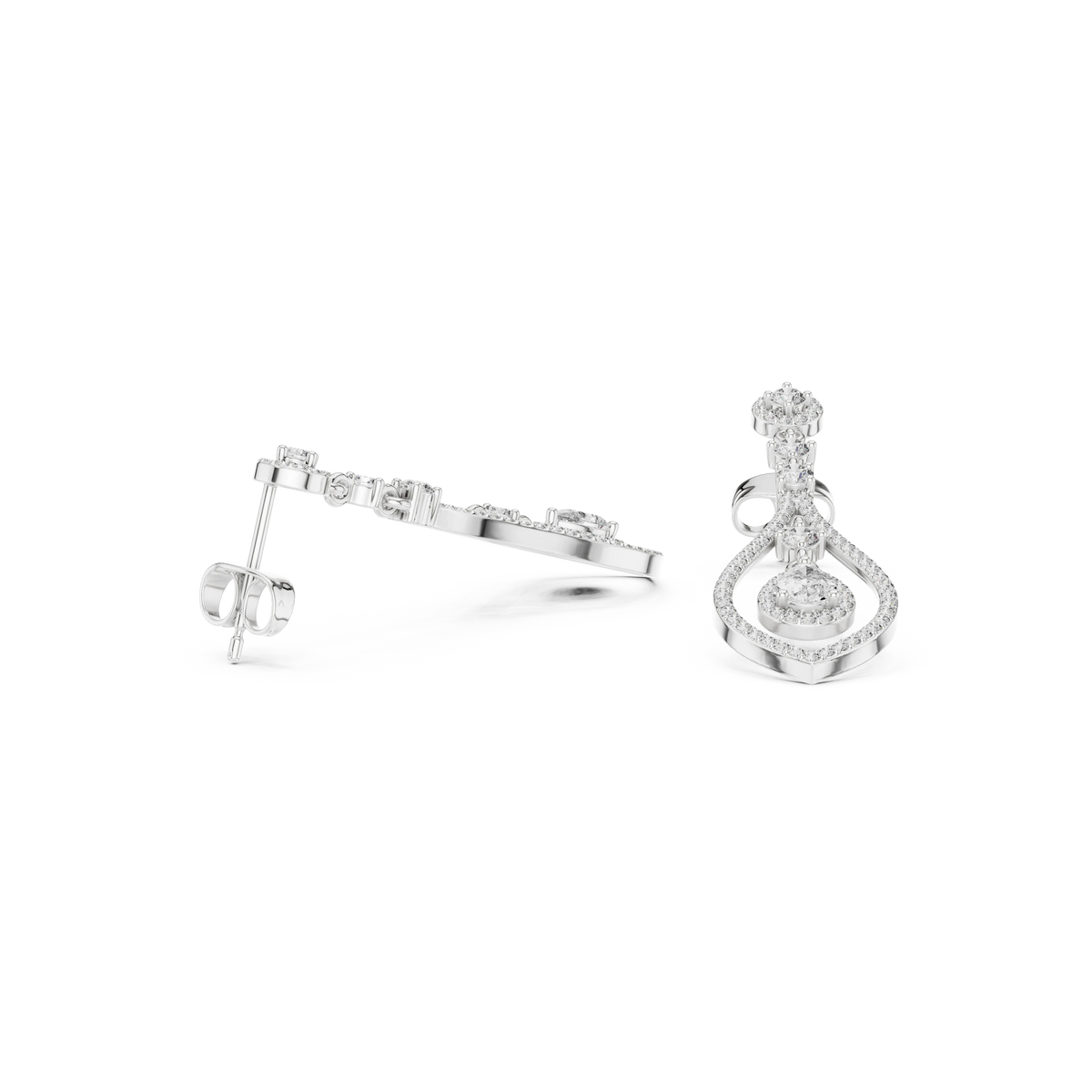 Open Teardrop Pear Halo Moissanite Chandelier Earrings in white 925 sterling silver, view 1