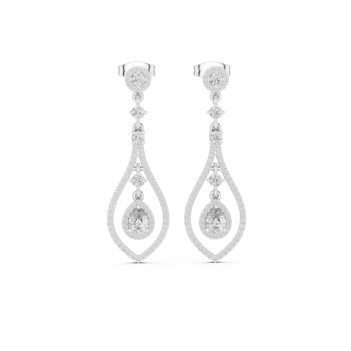 Open Teardrop Pear Halo Moissanite Chandelier Earrings in white 925 sterling silver, view 4