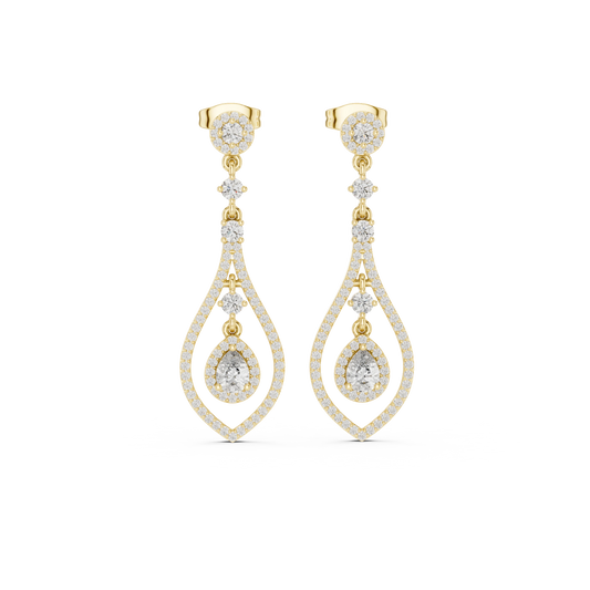 Open Teardrop Pear Halo Moissanite Chandelier Earrings in yellow 925 sterling silver, view 4
