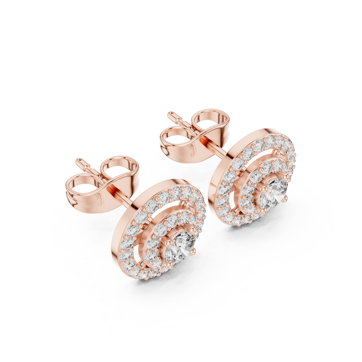 Round Double Halo Moissanite Stud Earrings in rose 925 sterling silver, view 2