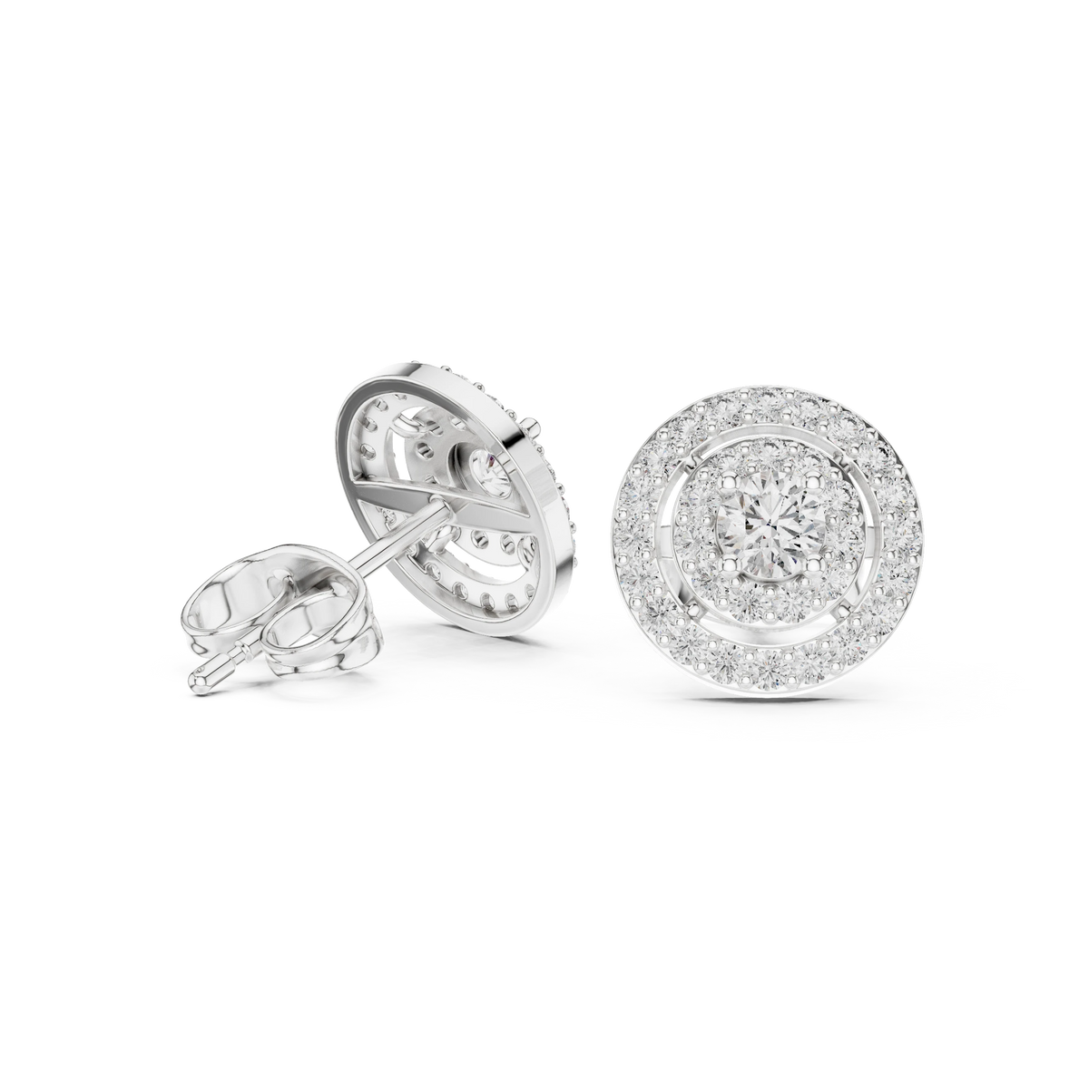 Round Double Halo Moissanite Stud Earrings in white 925 sterling silver, view 1