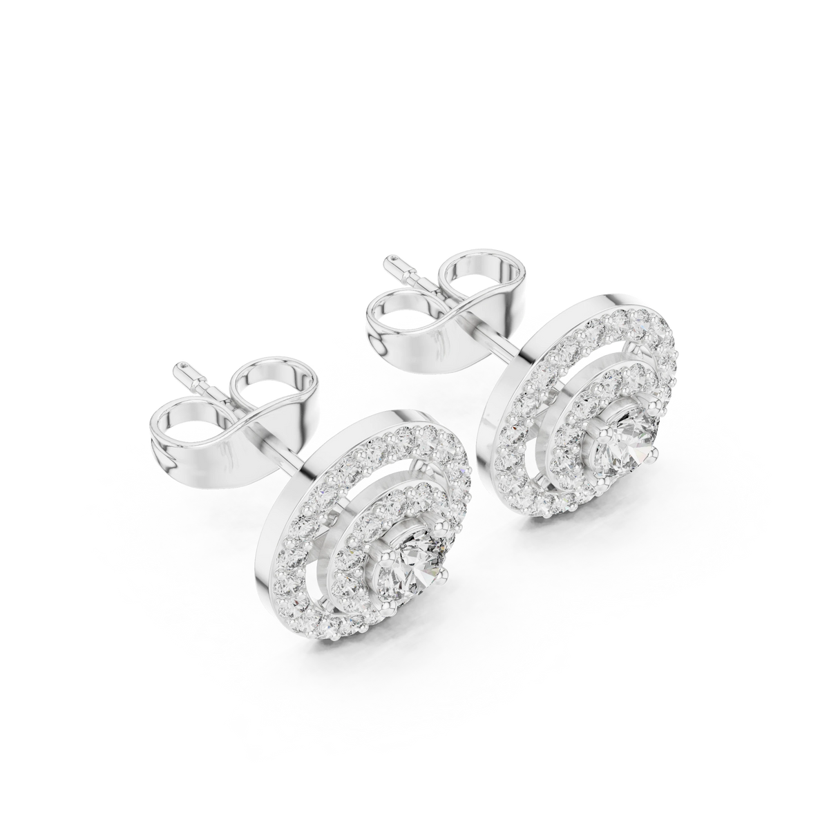 Round Double Halo Moissanite Stud Earrings in white 925 sterling silver, view 2