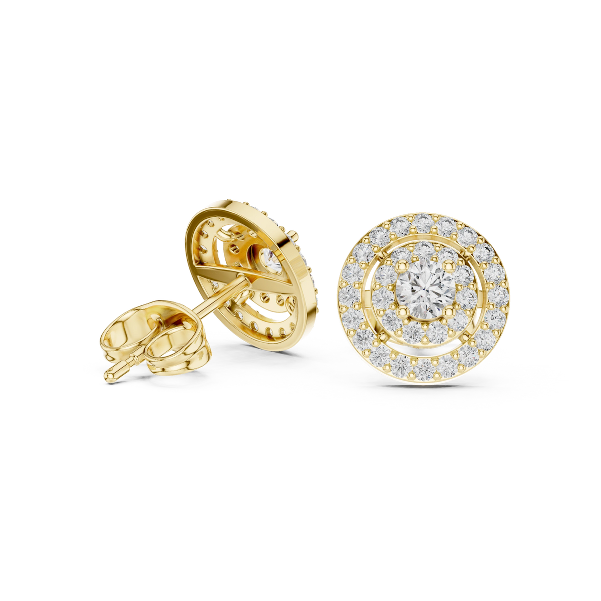 Round Double Halo Moissanite Stud Earrings in yellow 925 sterling silver, view 1