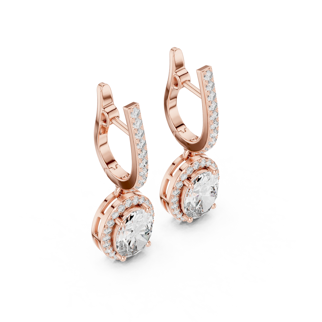Oval Halo Moissanite Pavé Huggie Drop Earrings in rose 925 sterling silver, view 2